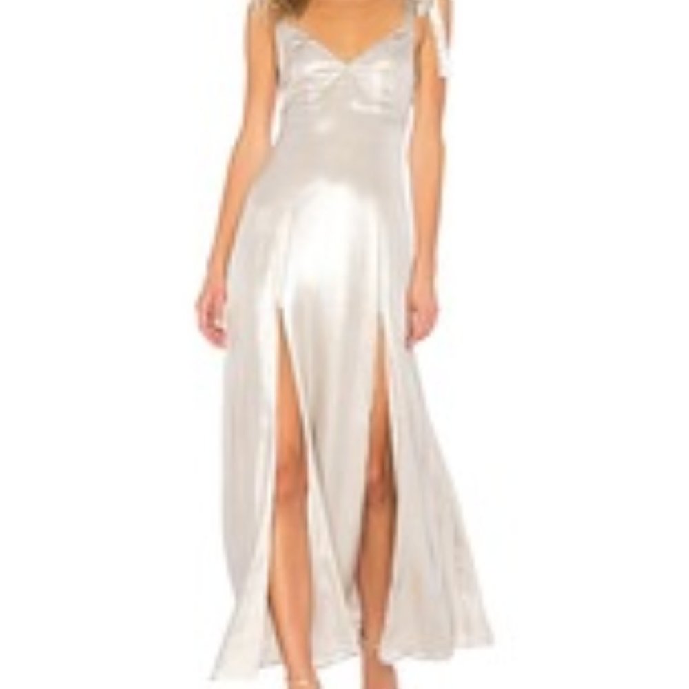 Metallic Silver Long Dress 2 high slits Prom Party Wedding Cocktail